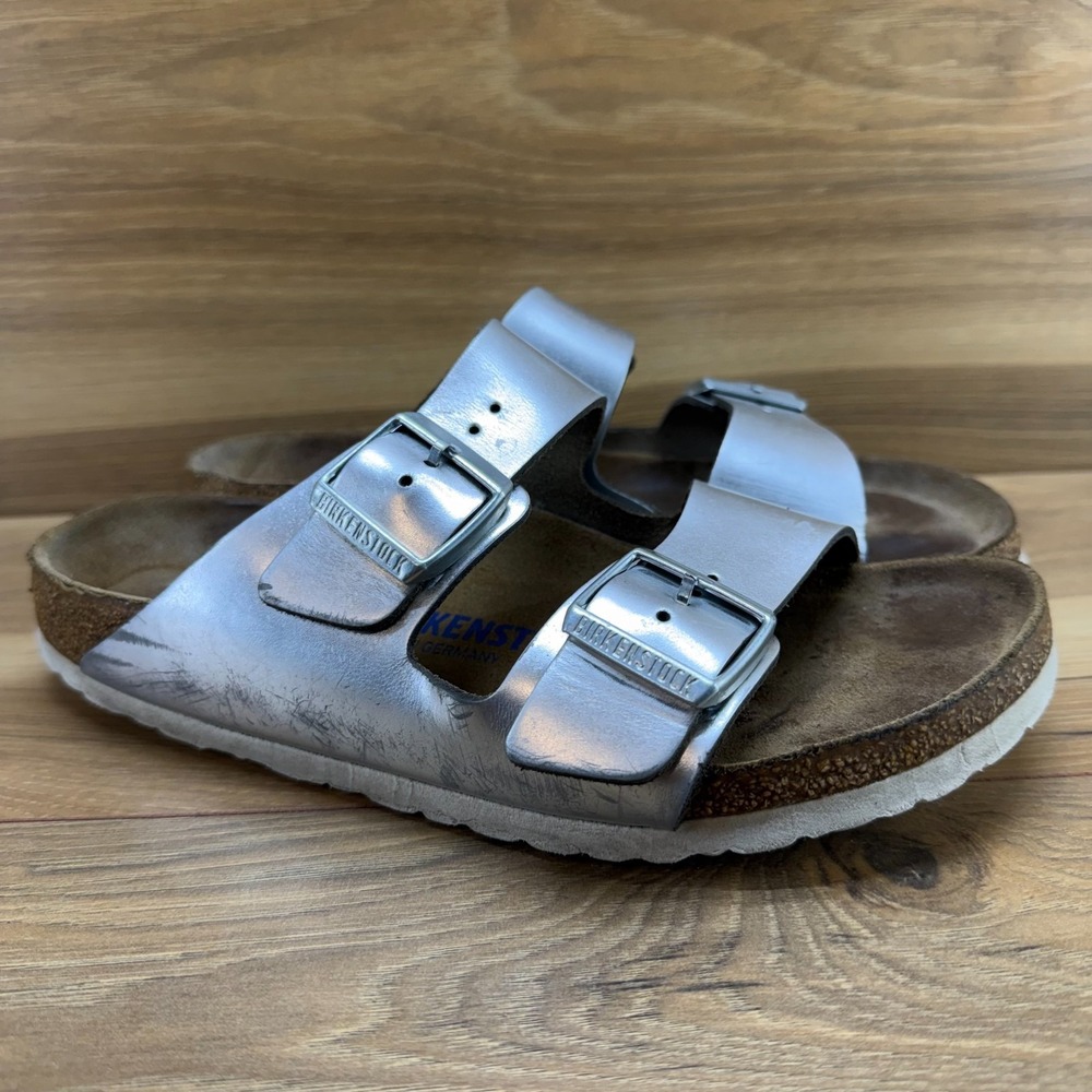 Birkenstock Arizona Soft Footbed Sandals Womens 8 N EU 39 Silver Leather Travel - Picture 2 of 10